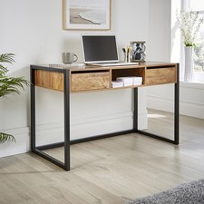 Image of Smoked Oak Office Desk Workstation 2 Drawer Shelf Black Metal Legs SECONDS