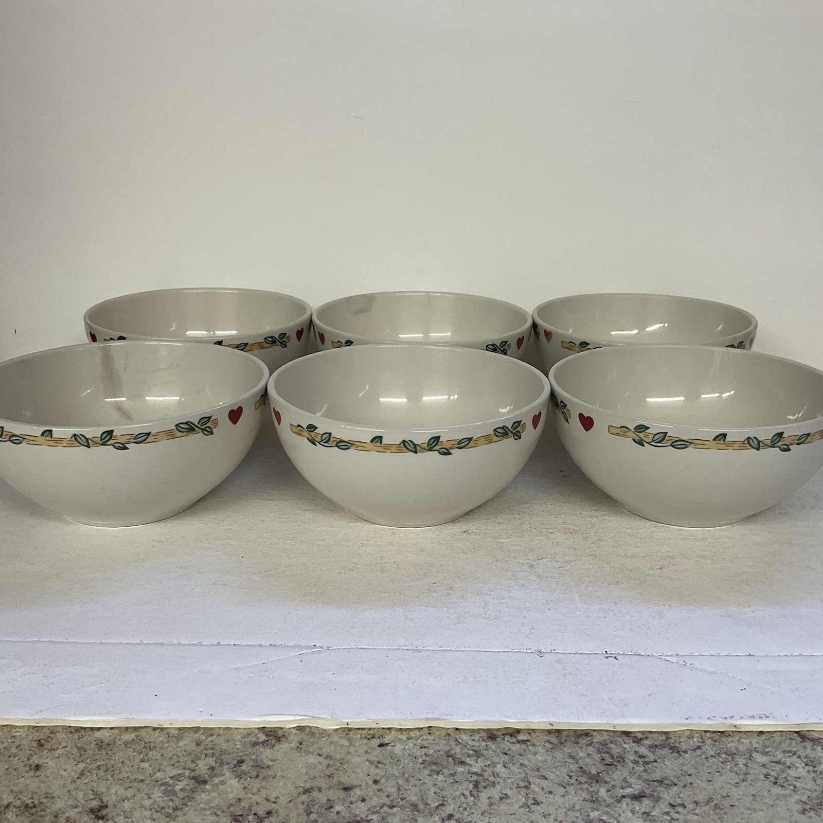 Set of 6 Thomson Pottery Casuals Birdhouse Hearts 6 " Cereal Soup Bowls Beige