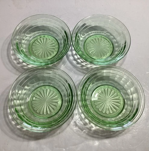 4 Anchor Hocking Green Depression Glass Block Optic Berry Bowls, Uranium GLOW