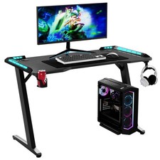 Gaming Desk LED RGB Computer Table Workstation with Cup Holder & Headphone Hook