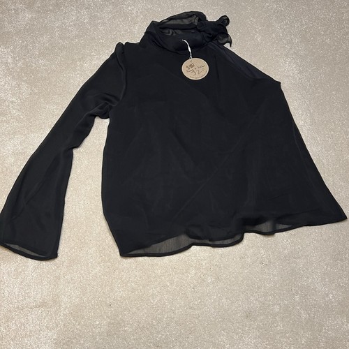 Aaron & Amber Black Sheer One Shoulder Dressy Shirt Mock Neck women's Large