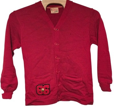 Vintage 1966 Varsity Basketball Letterman Sweater Wool Cardigan Red Large READ