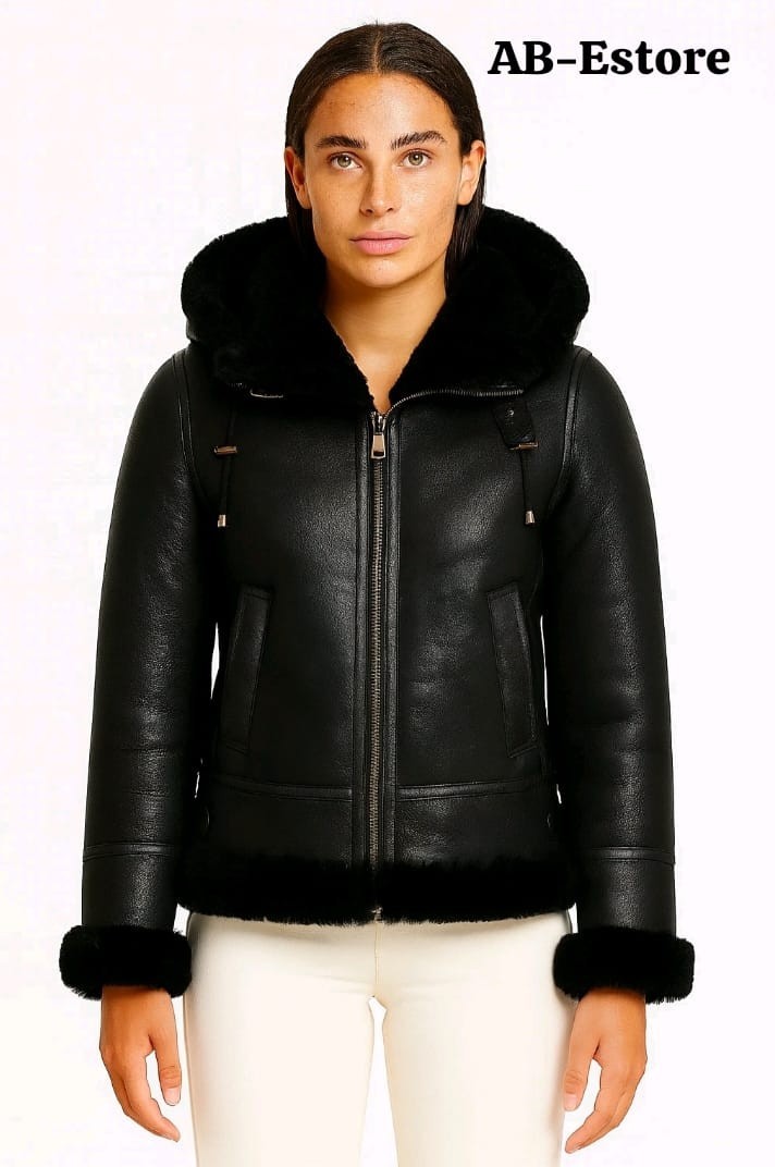 Women’s Sheepskin Shearling Jacket Real Leather Hooded Coat Black Fur Winter