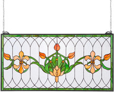 Stained Glass Window Panel, 32 X 17 In, Tiffany Style Hanging Transom Window Pan