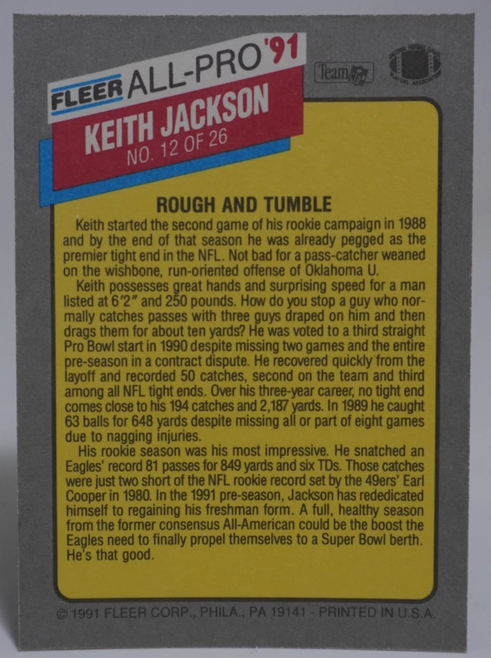 1991 FLEER FOOTBALL ALL-PRO INSERT #12 KEITH JACKSON - Image 2 of 2