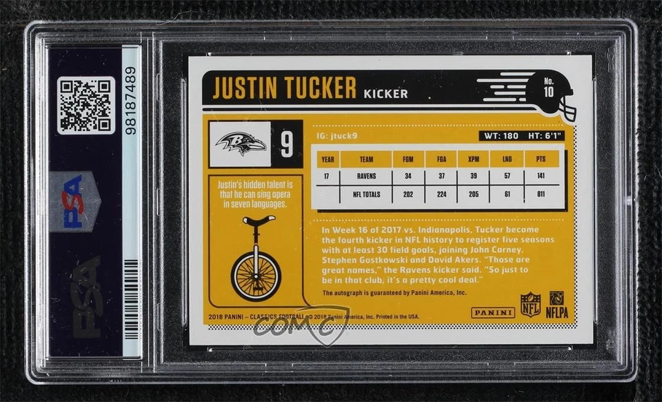 2018 Classics Significant Signatures Gold /49 Justin Tucker PSA 10 GEM MT Auto - Image 2 of 2