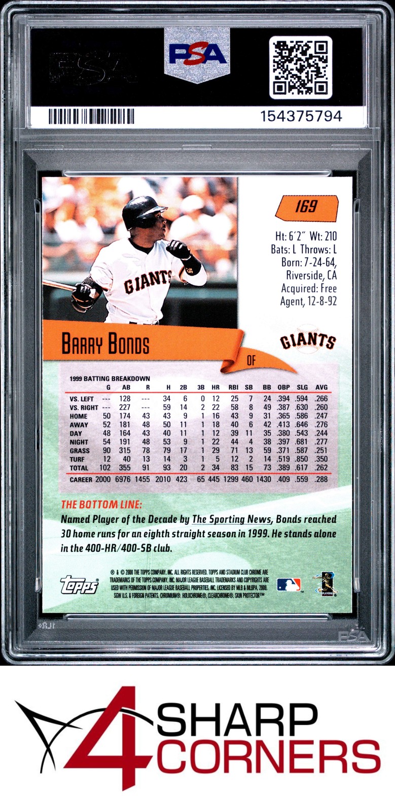 2000 STADIUM CLUB CHROME #169 BARRY BONDS GIANTS PSA 10 view 2
