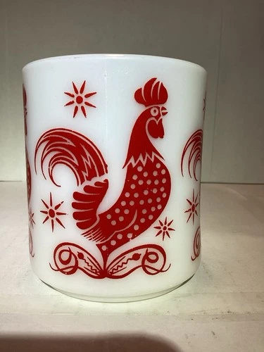 Vintage  Hazel Atlas  Red Rooster  Milk Glass Mug USA