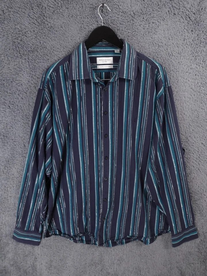 Camisa De Colección Yves Saint Laurent Para Hombres XL Azul Marino Rayas YSL 90s Y2K Informal Foto 2 de 4