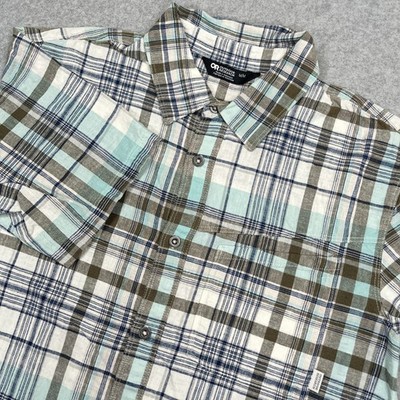 Outdoor Research Weisse Shirt Mens M Teal Brown Plaid Short Sleeve Button Hemp