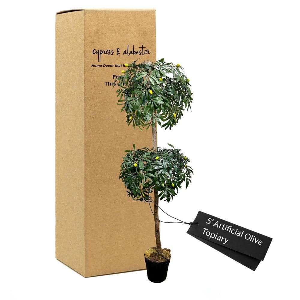 Handmade 5 ft Artificial Olive Topiary Tree in Home Basics Starter Pot with Realistic Leaves  
