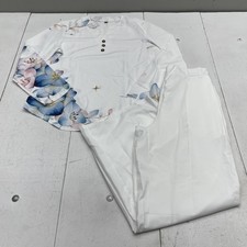 White Floral Outfit Set Womens L Satin Henley Long Sleeve Elastic Waist Pants