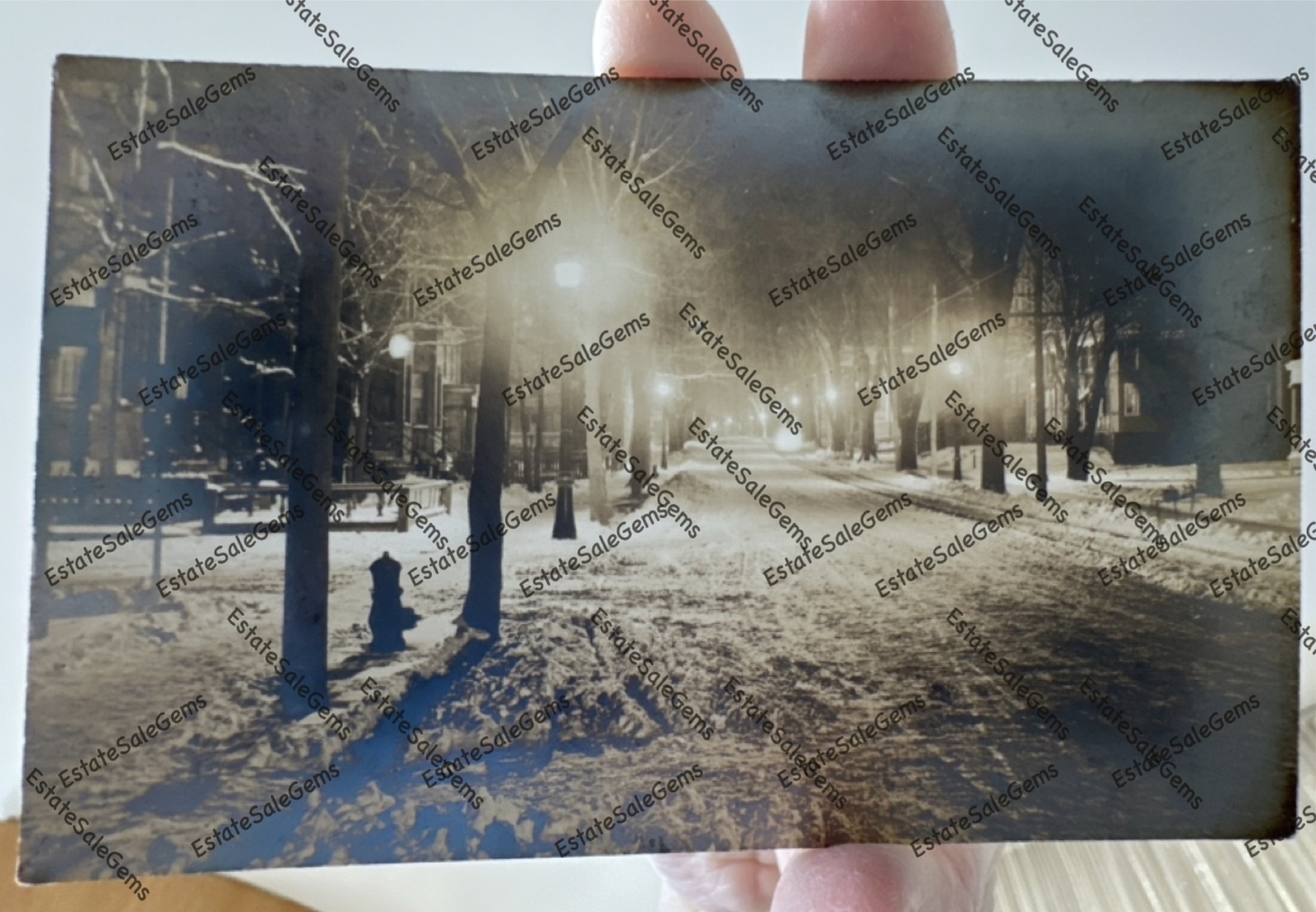 Antique RPPC 1917 nighttime snowy street scene Real Photo Postcard 