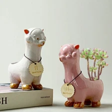 2PCs Ceramic Succulent Planter Pots Mini Liama/Alpaca Design with Gift Box