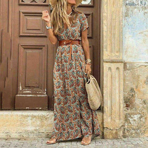 Mujeres Floral Verano Boho Maxi Vestido Damas Cuello en V Informal Vacaciones Solero Reino Unido - Imagen 14 de 18