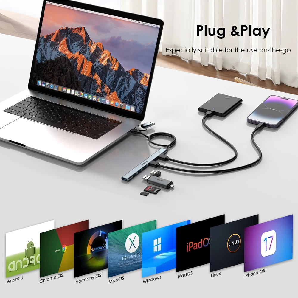 WAVLINK PC USB Hub USB-C Hub 5Gbps USB3.0 USB Splitter for iMac/iPad Pro/Laptop