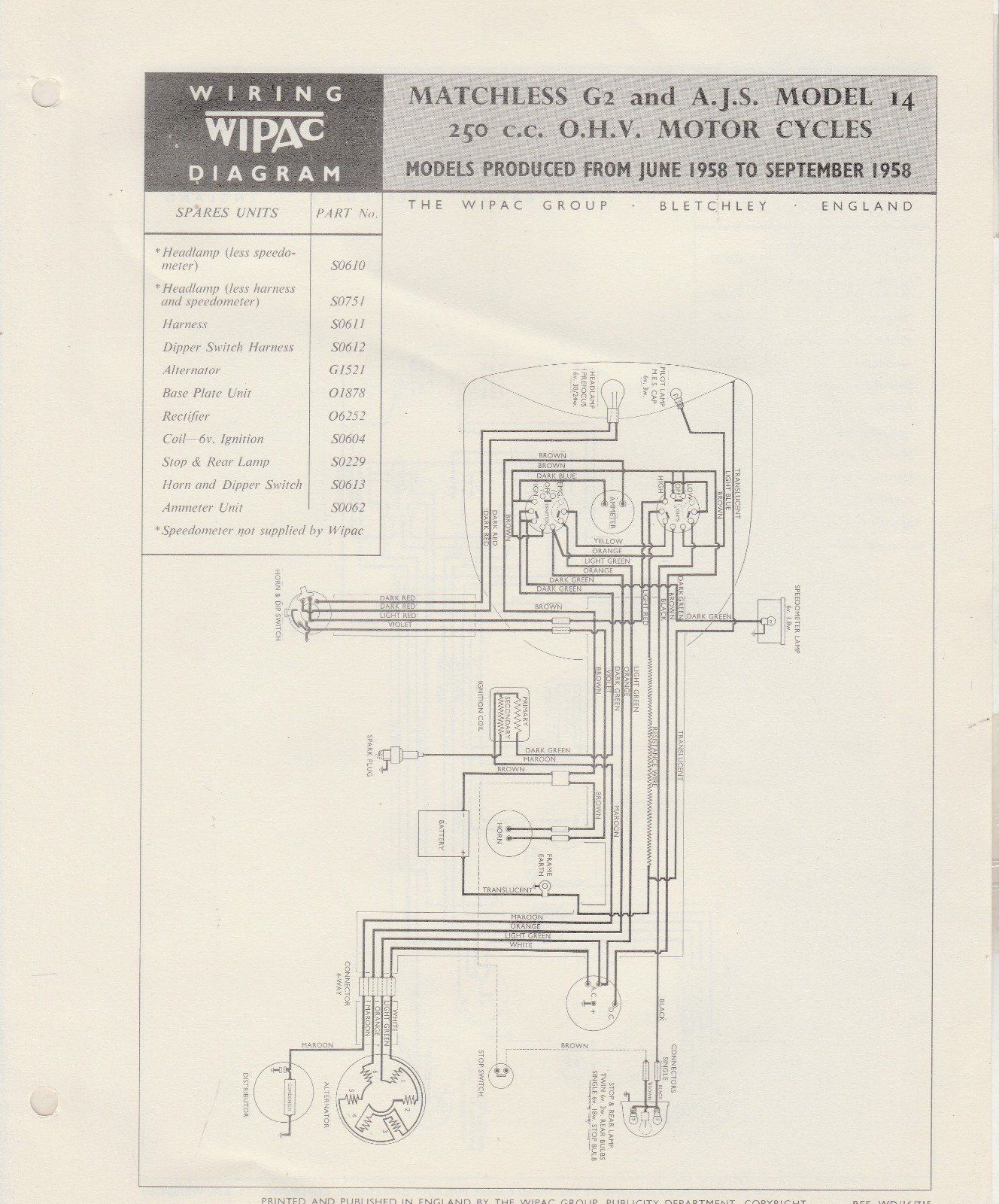 WIPAC WIRING DIAGRAM - MATCHLESS G2 & AJS MODEL 14 250cc OHV Motorcycles |  eBay