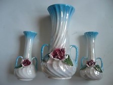 Lot  3 Vase Set Rose Porcelain Lustreware Vases White Blue Pink Bone China 1940s