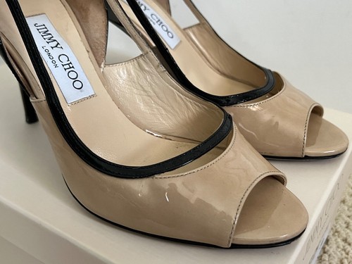 Jimmy Choo View Nude Black Two Tone Patent Leather Peep Toe Pumps Sz 38 8 $850 - Picture 8 of 14