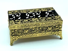 Vtg MCM 24kt Gold Plated Small Tissue Box holder Filigree Hollywood Regency
