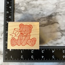Teddy Bear Stitched Big Bow Wood Mounted Rubber Stamp