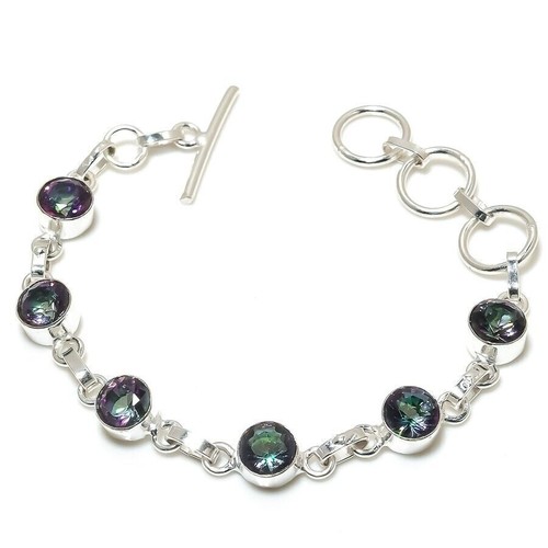 Bracelet En Argent Sterling 925 - Pierre Topaze Mystique - Fait Main - Réglable - 7-8 Pouces