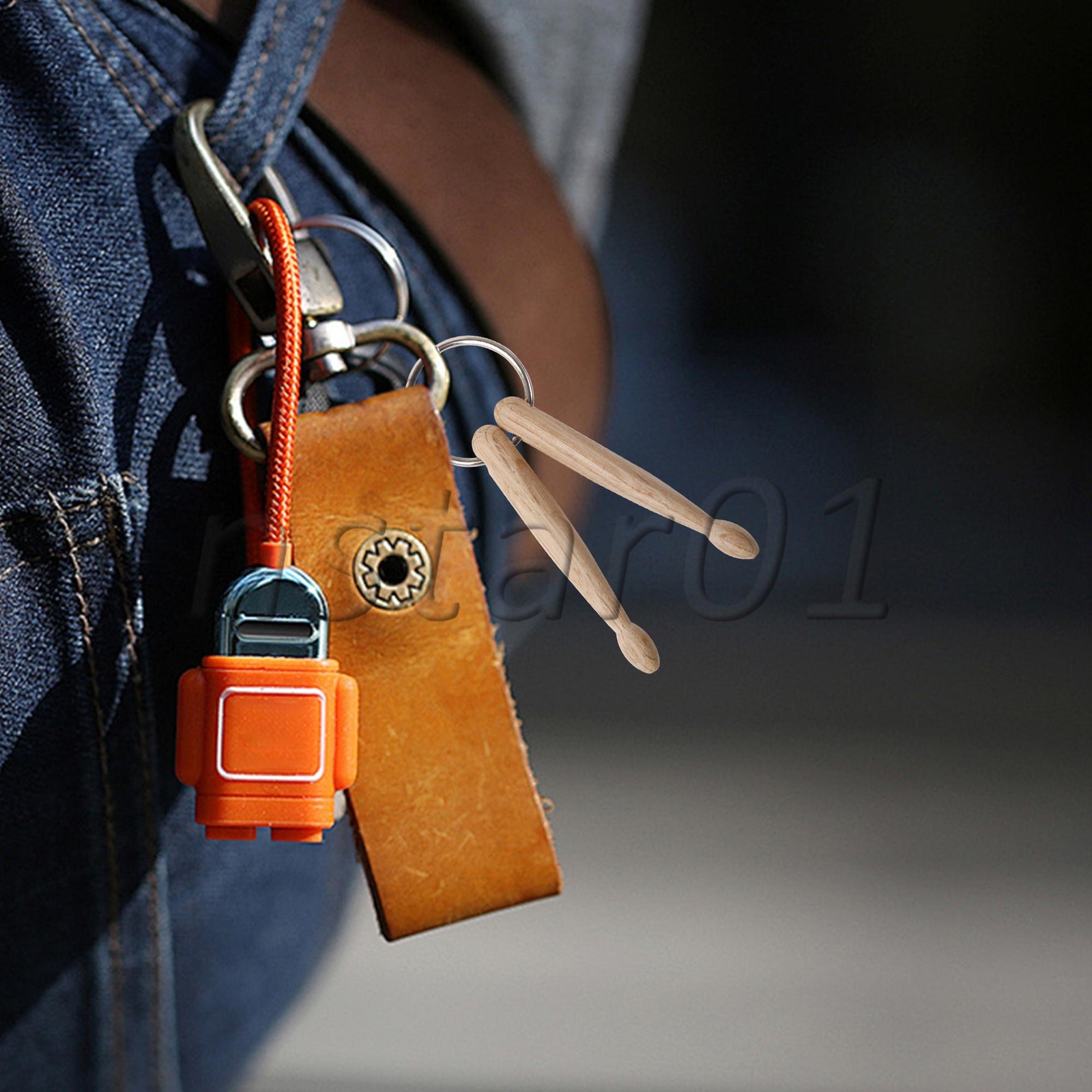 Wood Drumstick Keychain Percussion Key Steel Ring Set for Backpack Belt