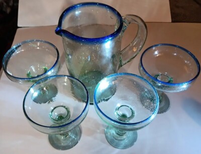 Mexican Art Glass Hand Blown Margarita Pitcher & 4 Glasses Set Cobalt Blue Rims 