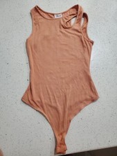 Le Lis Asymmetrical Ribbed Knit Thong Bodysuit Salmon M