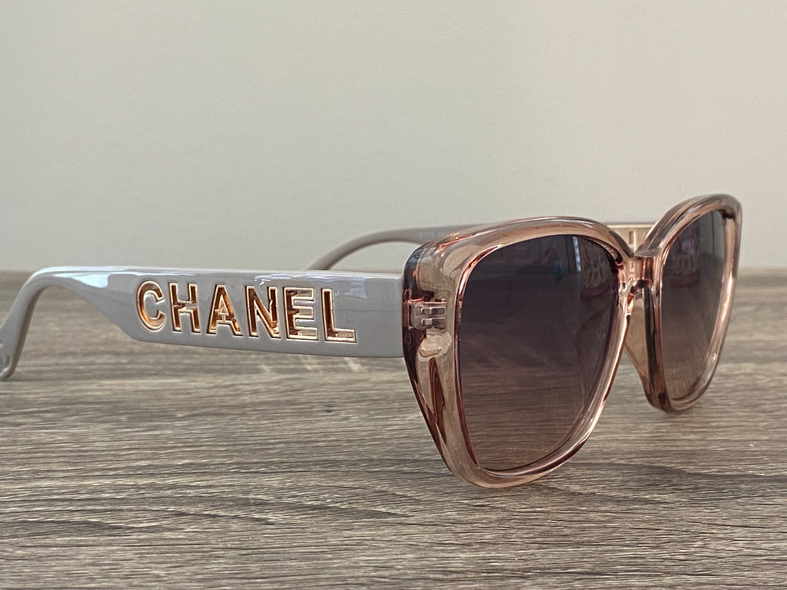 Chanel Brown Transparent Logo Sunglasses with Name Detail