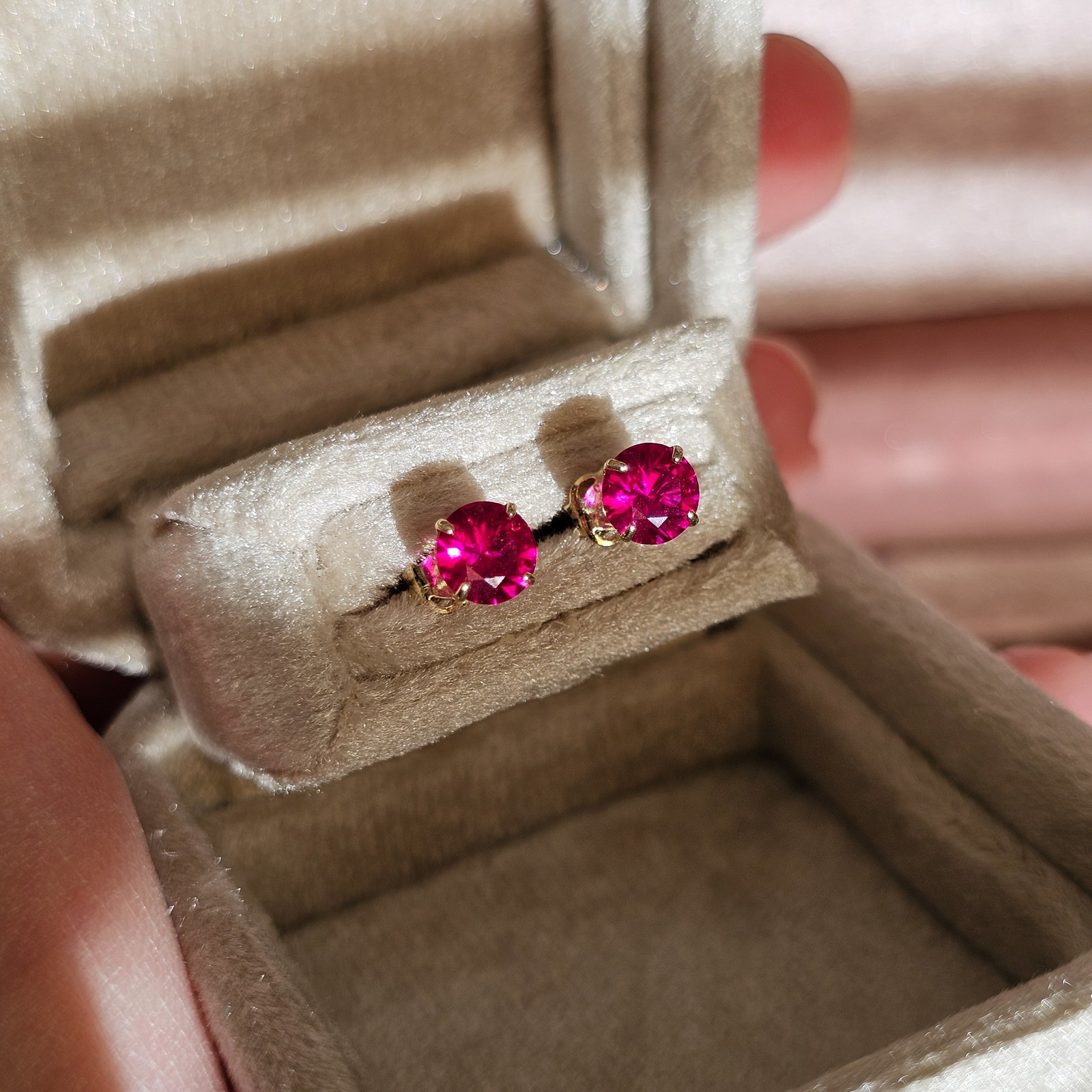 Solid 9ct Yellow Gold Solitaire Ruby Studs - Natu… - image 2