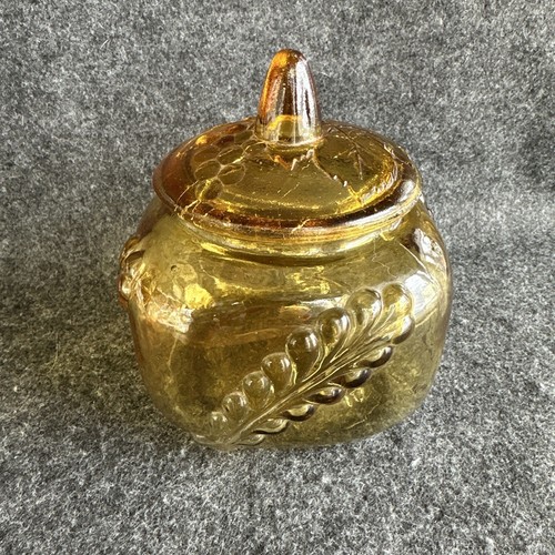Vintage Amber Glass Lidded Square Canister Jar Medium Feathers Grapes Crackle - Picture 5 of 24