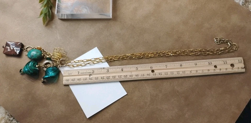 Chatelaine Style Multi Pendant (Art Glass Heart) Gold Tone 26" Chain Necklace! - Image 4 of 4