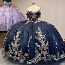 Navy Blue Quinceanera Dress Off Shoulder Gold Lace Appliques Ball Gowns Sweet 16