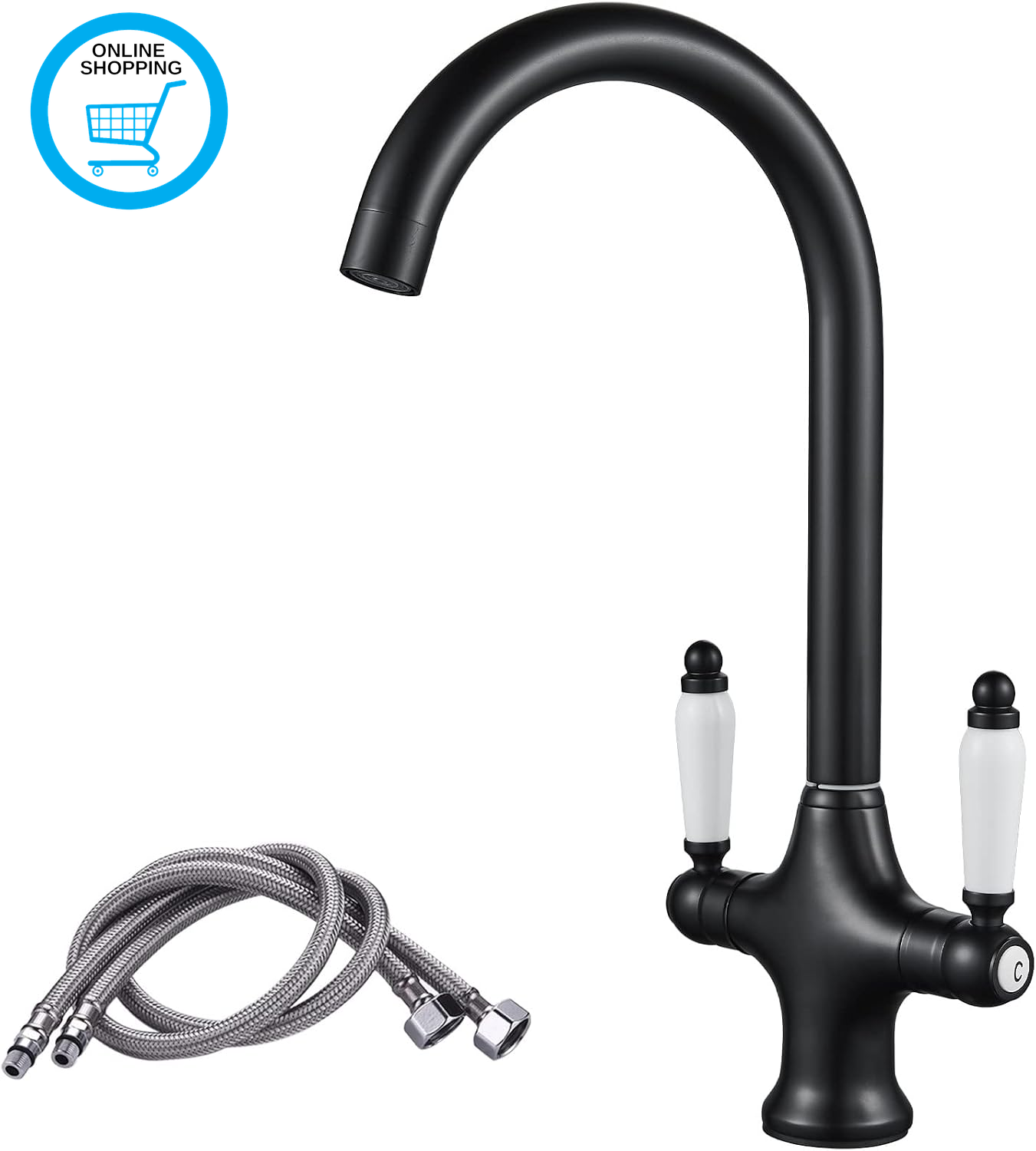 Black Kitchen Tap, Monobloc Dual Lever Swivel Spout Swan Neck Kitchen Sink Mixer