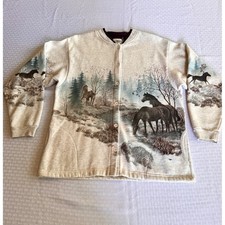Artisans Vintage Horse Graphic Fleece Cardigan Sweatshirt Jacket Lg Tan Scenic