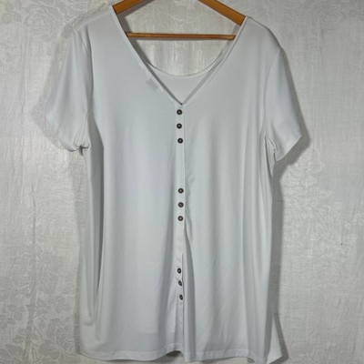 Susan Graver Top XL White Liquid Knit Back Button Detail Short Sleeve
