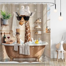 Cute Giraffe Shower Curtain Funny Tropical African Wildlife Animal Bubble Wea...