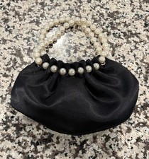 Faux Pearl Beads Embellished Handles On Mini Satin Handheld Cutch Purse