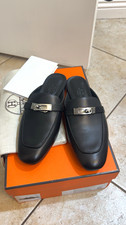 Hermès Black Leather Mule Flats Square Toe Slip-On Hardware Women EU 35