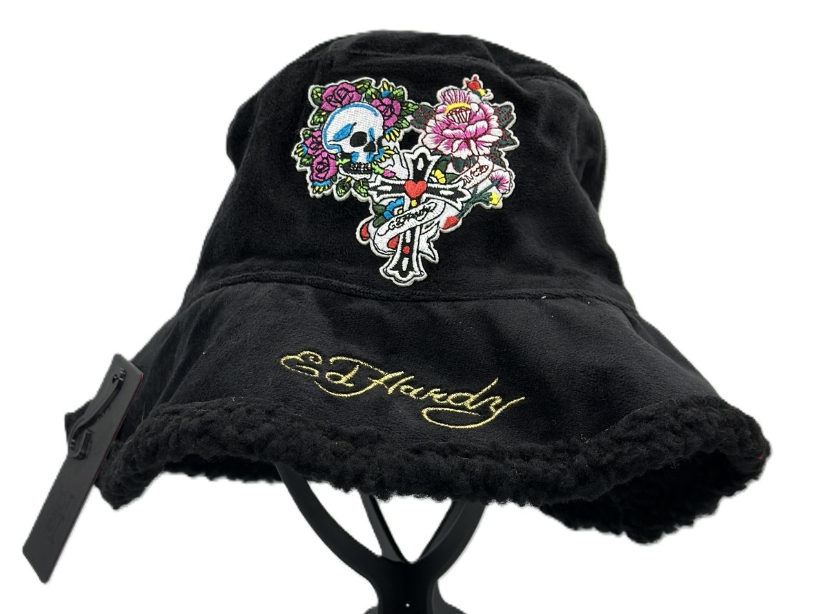 Ed Hardy Black Plush Faux Fur Bucket Hat W/ Embroidered Name & Heart Scull Patch Ed Hardy Faux Fur Rim Modern Houndstooth | Mercari main image 2