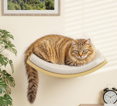 Curved Wood Cat Wall Shelf with Cushion - Floating Bed for Large Cats