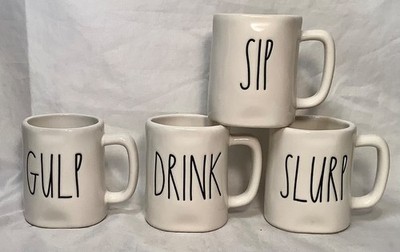 Set of 4 Rae Dunn White With Black Lettering Espresso Cups Gulp Drink Sip Slurp