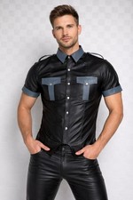 Men's Real Leather Police Shirt Gay Biker Schwarz Cuir Lederhemd Black