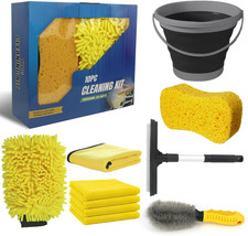 10Pcs Car Wash Detailing Cleaning Kits,With Collapsible Bucket Wash Mitt Sponge