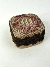 Antique Powder Box Ribbonwork Flower - Mirrored Lid & Powder Puff - France