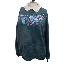 VTG Morning Sun Sweatshirt Large Teal Double Collar Floral 90s Grandma Core USA