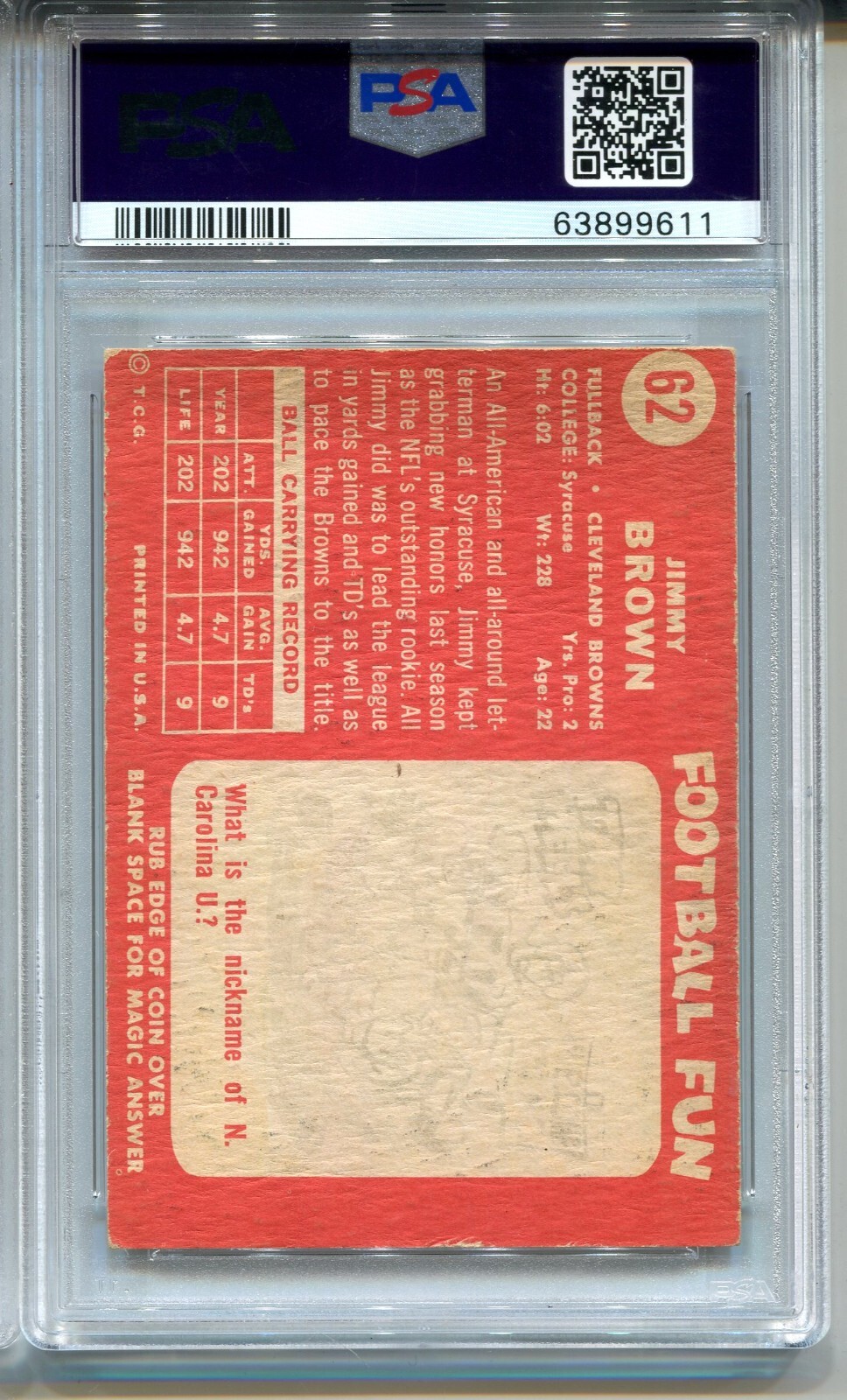1958 Topps Jim Brown Rookie Card RC Graded PSA 3  Football #62 view 2