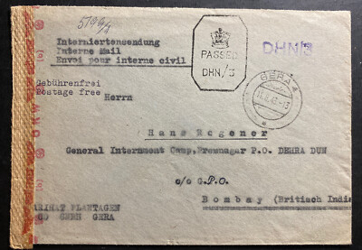 1943 Gera Germany Censored Cover to Dehra Dun India Internment Prisoner Camp POW