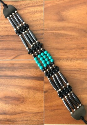Native American Tribal Buffalo Bone Choker Necklace 4 Row Beaded Turquoise Stone